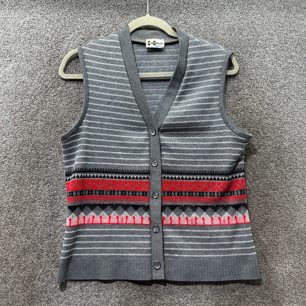 Marty Gutmacher Vintage Gray Red Fair Isle Knit Button Front V-Neck Sweater Vest